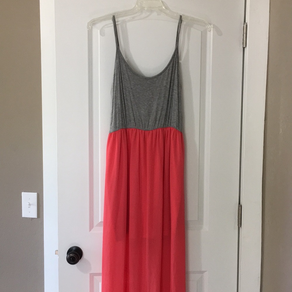 Coral and grey dress. Sleeveless dress.